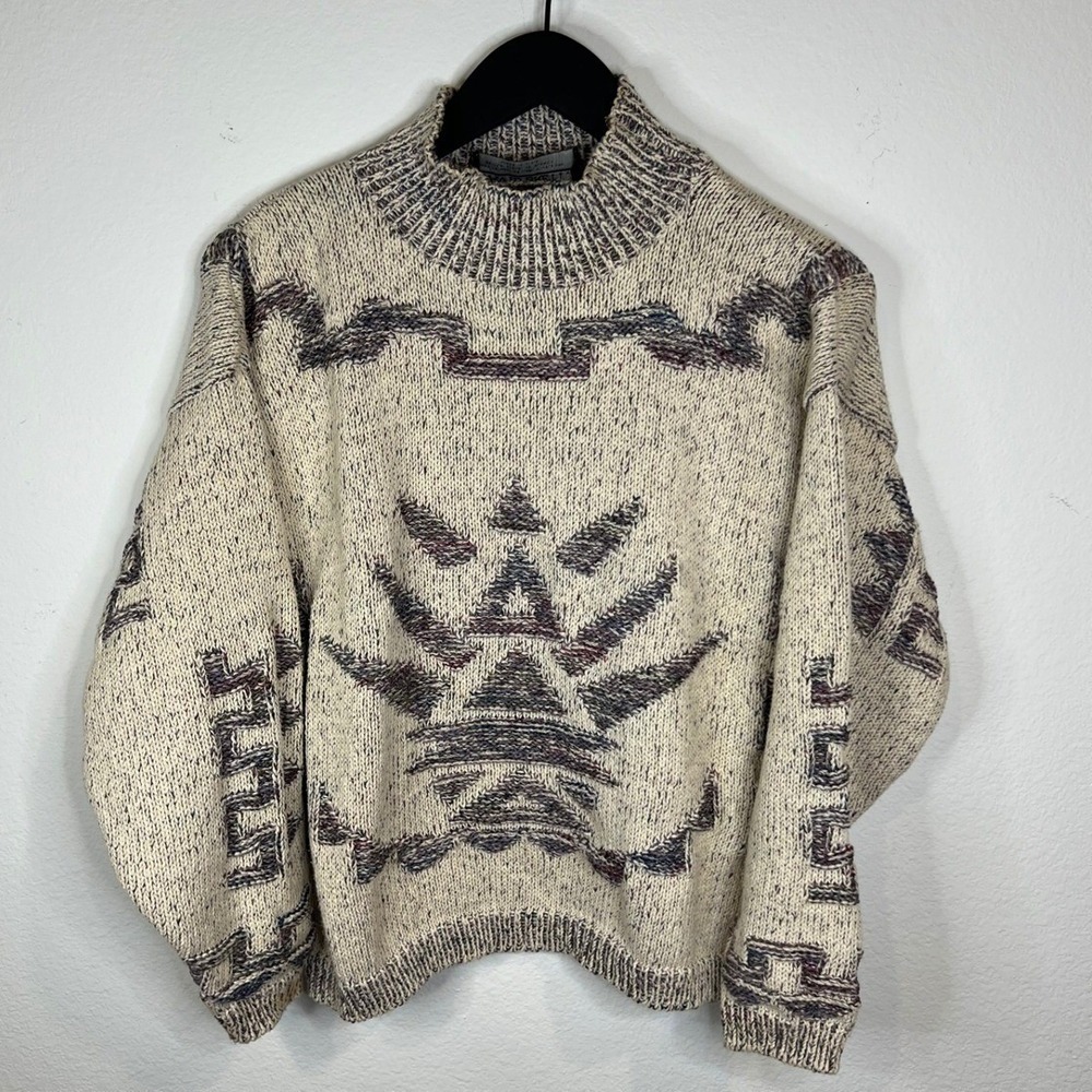 David Brett Inc Womens Sweater Southwestern Geometric Mock Neck Cream OS
